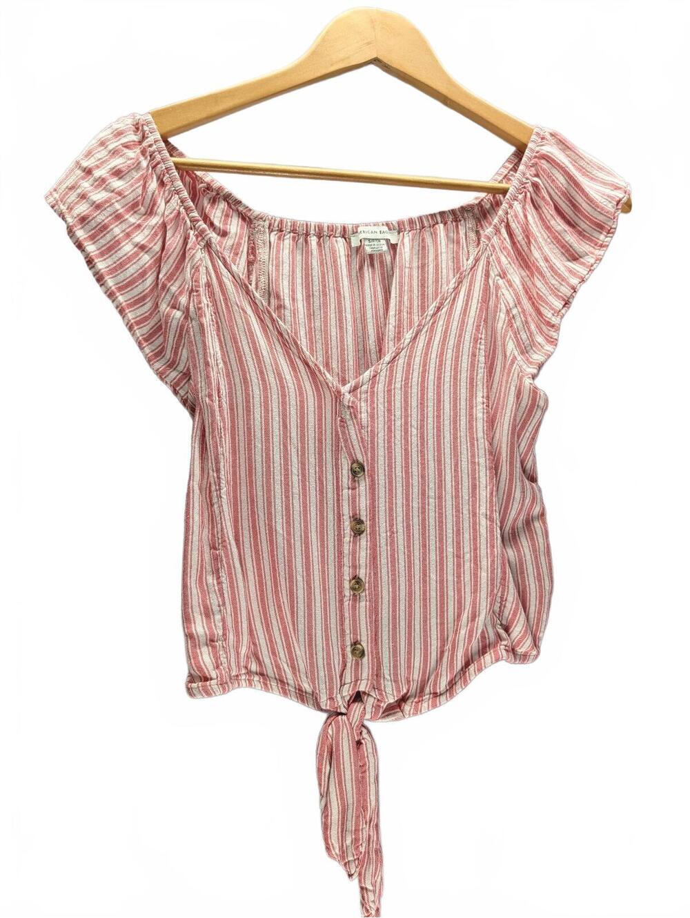 American Eagle Women's Striped Off-Shoulder Button-Front Tie